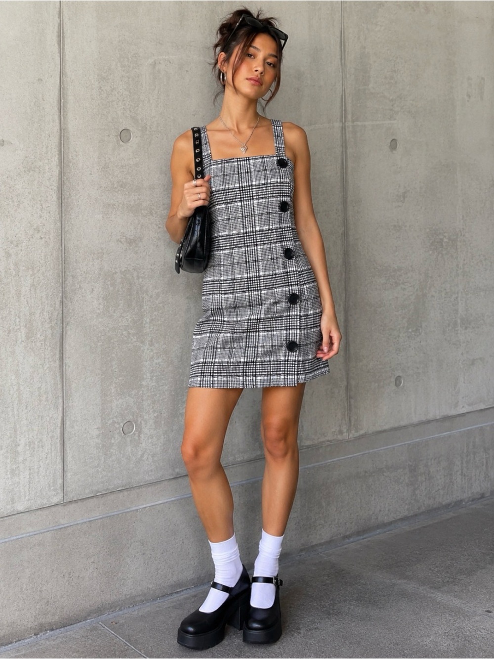 Vintage Brandy Blue Plaid Pinafore Mini Dress Made in USA Black White Buttons